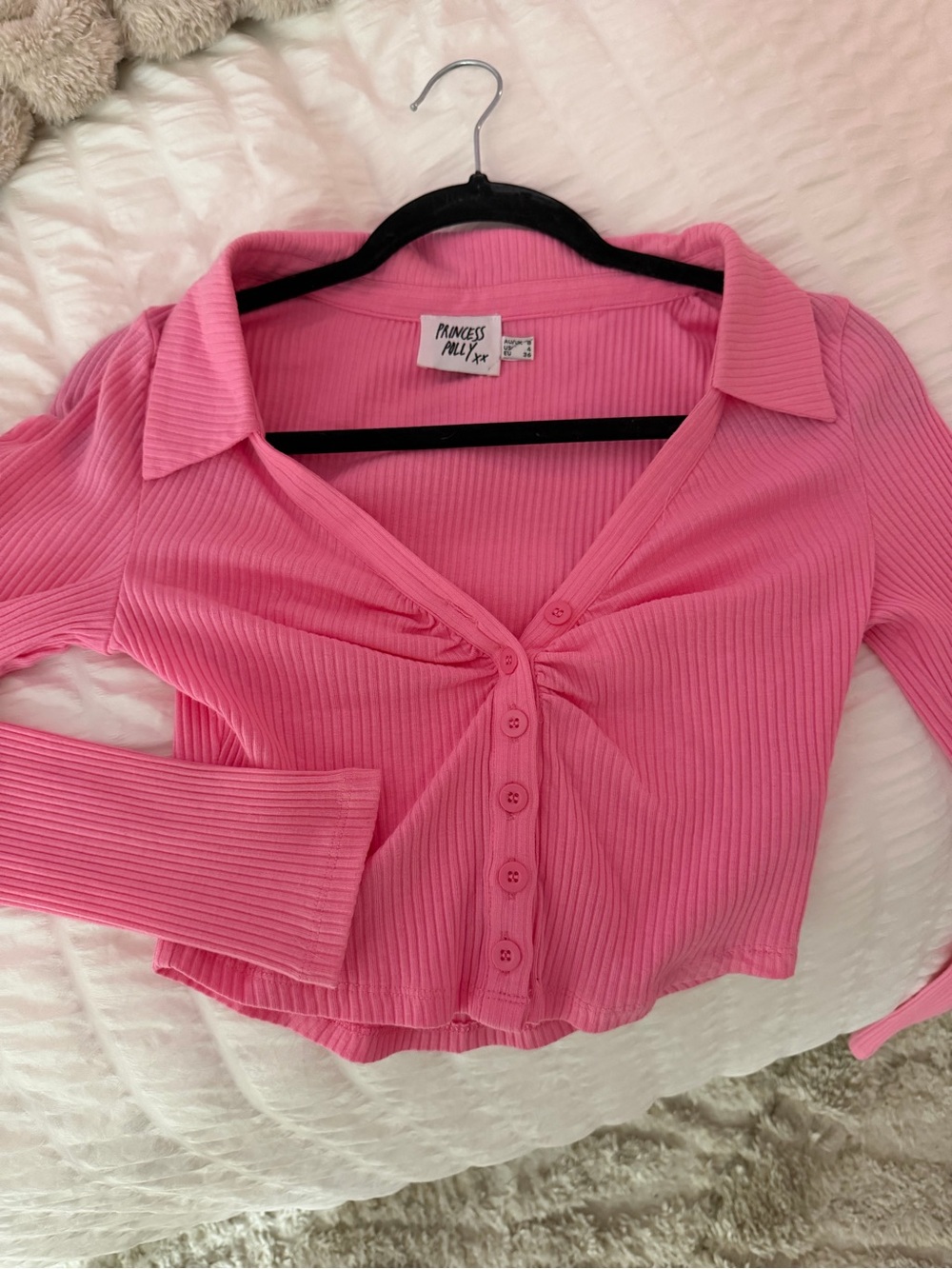 Princess Polly Ribbed Pink Button-Knot Long Sleeve Crop Top